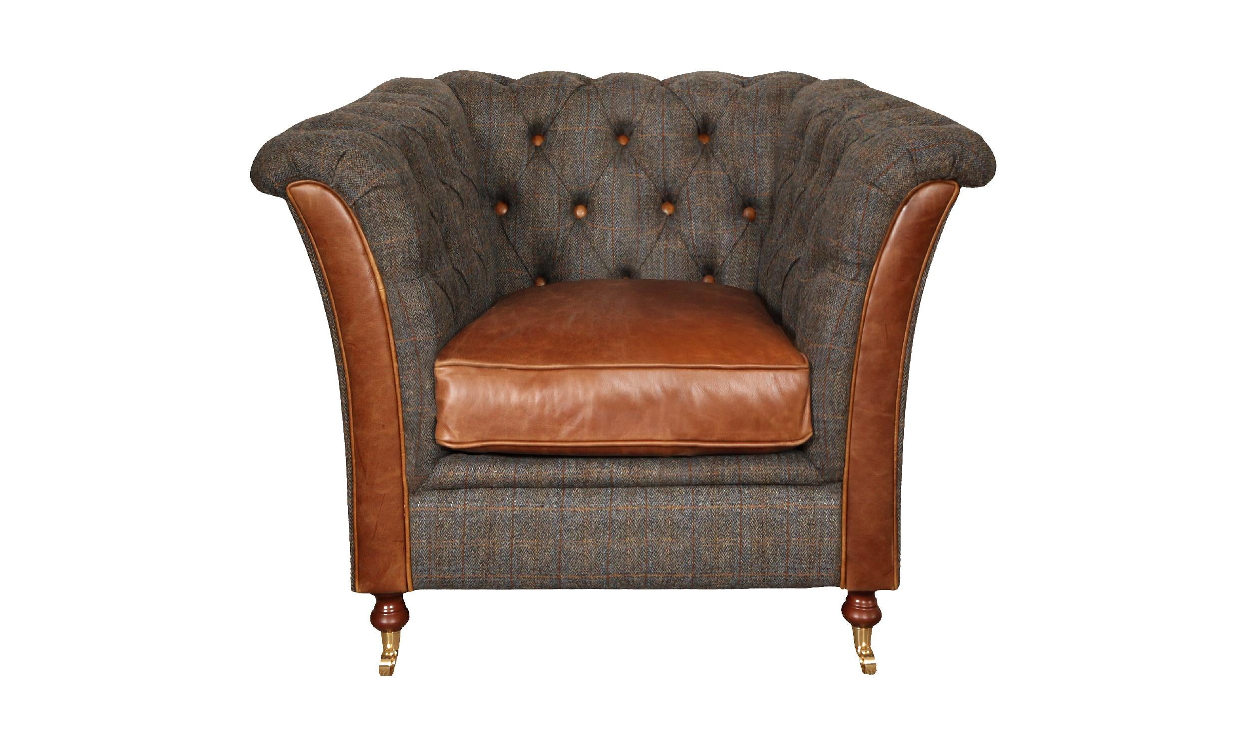 Granby Arm Chair in Leather and Harris Tweed 