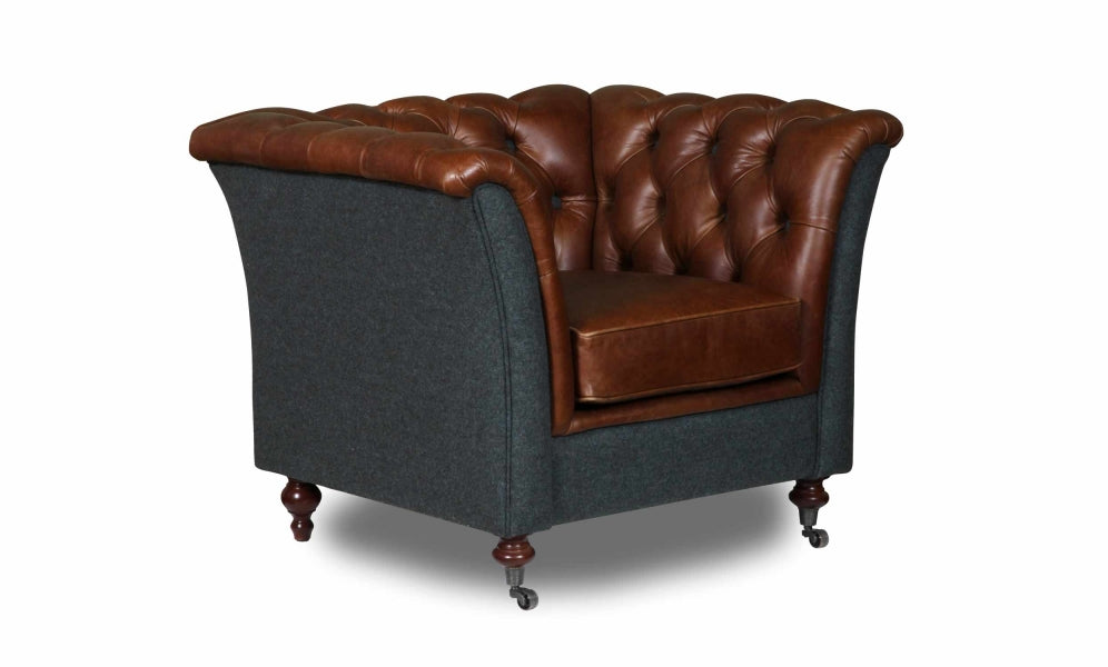 Granby Arm Chair in leather and harris tweed 