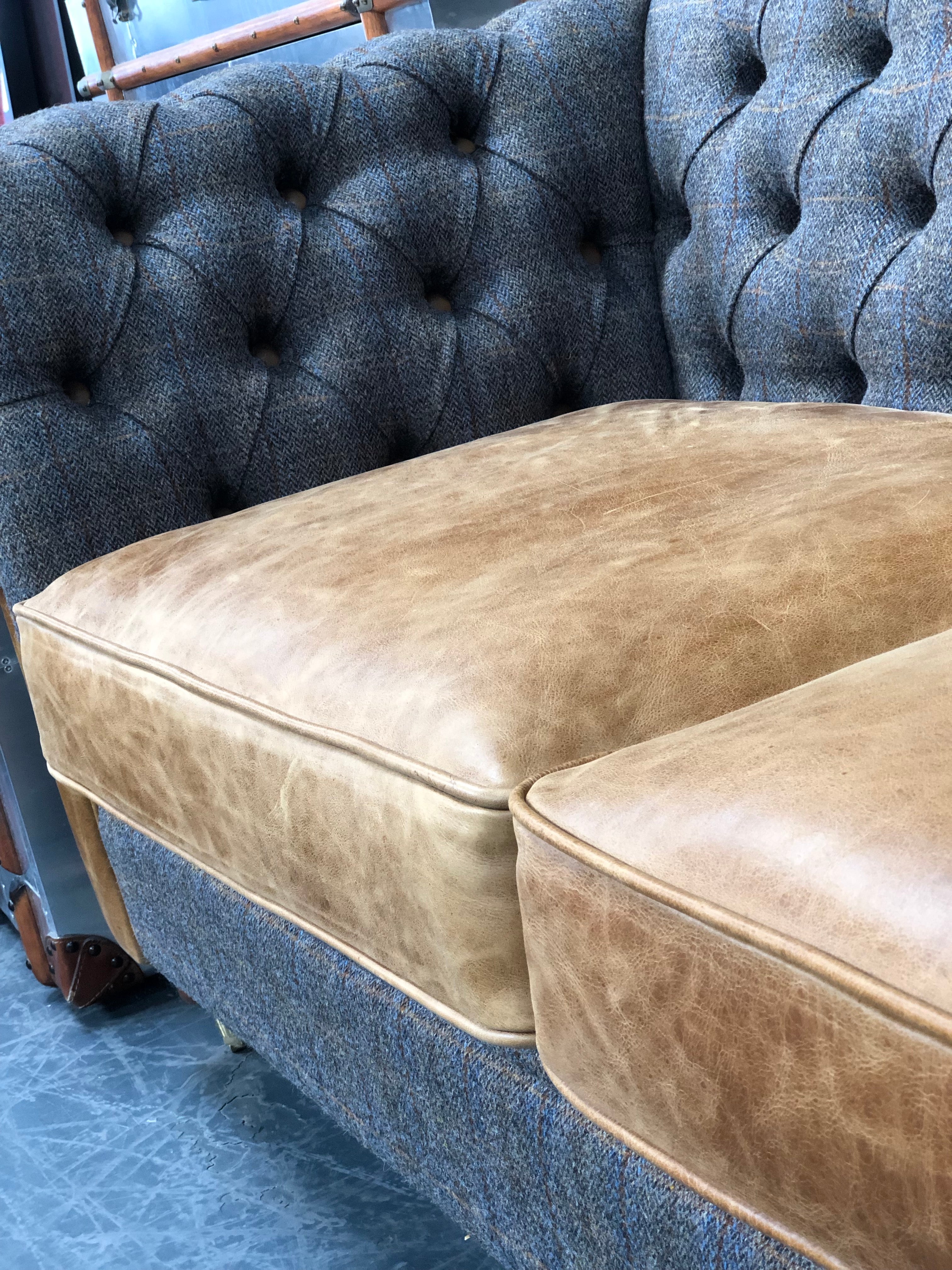 Granby 3 seater leather and harris tweed sofa