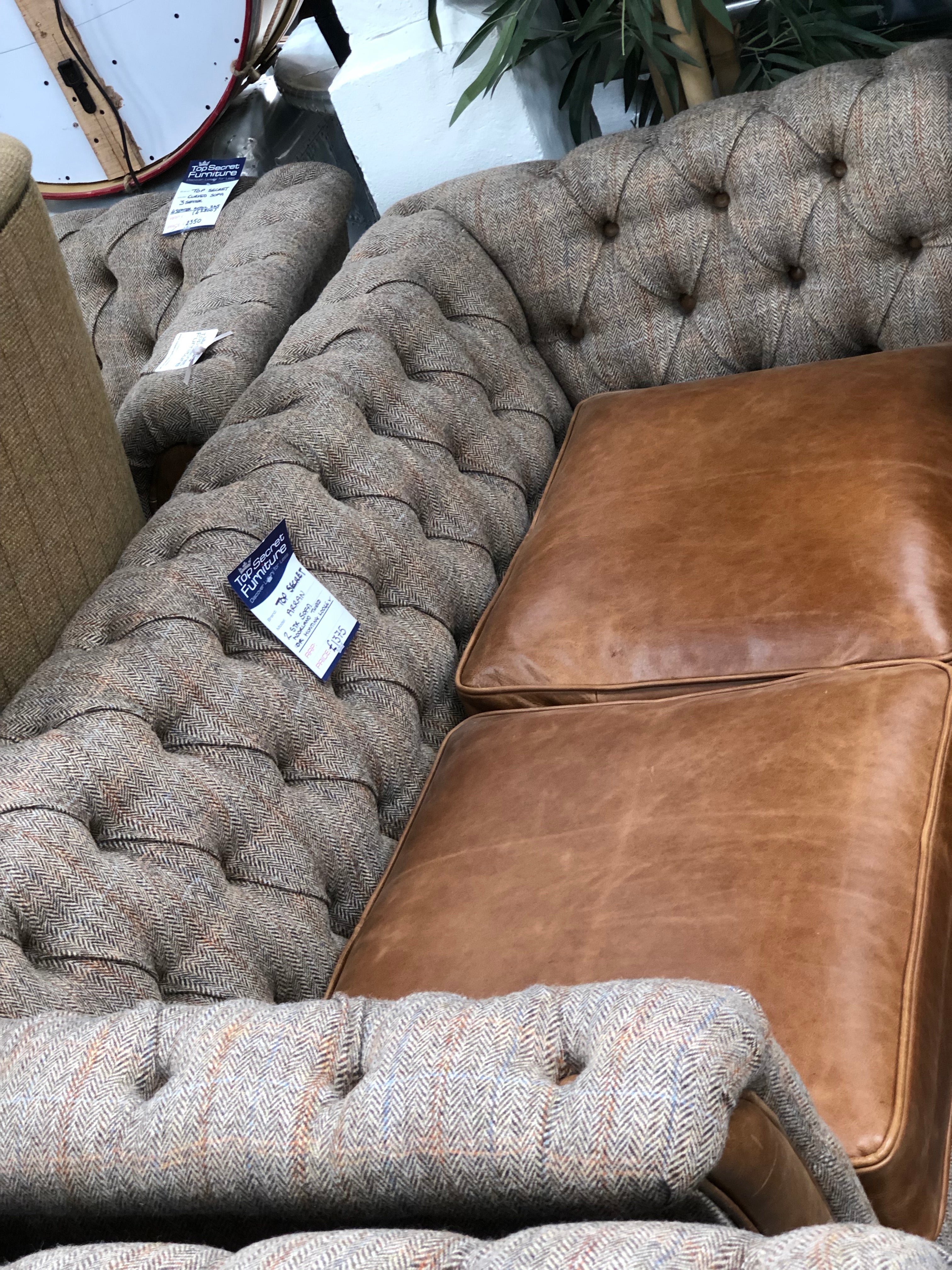 Granby 3 seater leather and harris tweed sofa