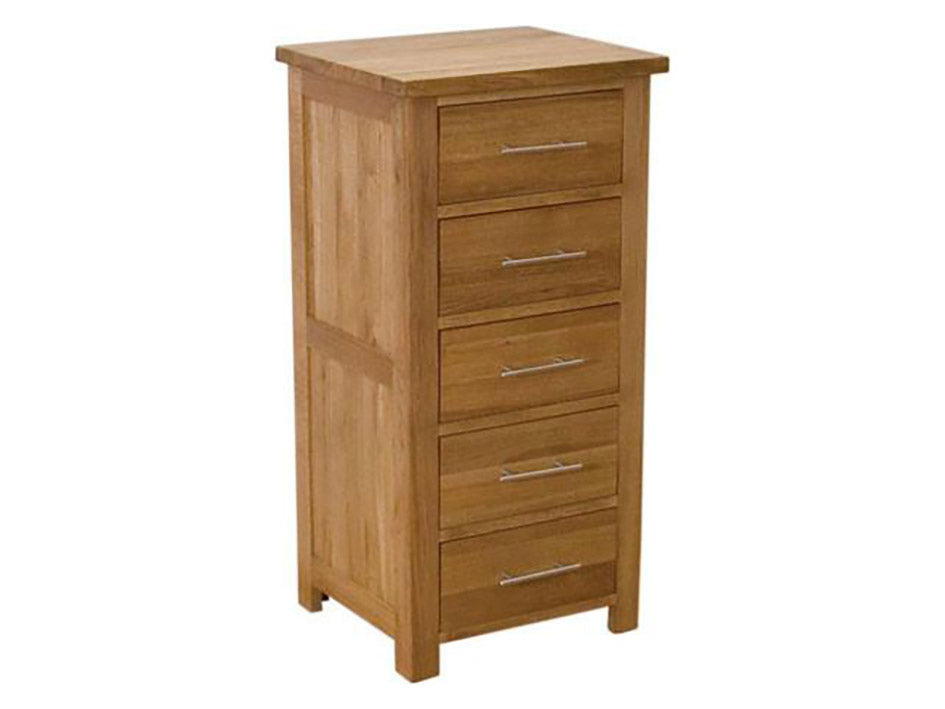Oxford 5 Draw Narrow Wellington Chest 100% Solid Oak from Top Secret Furniture