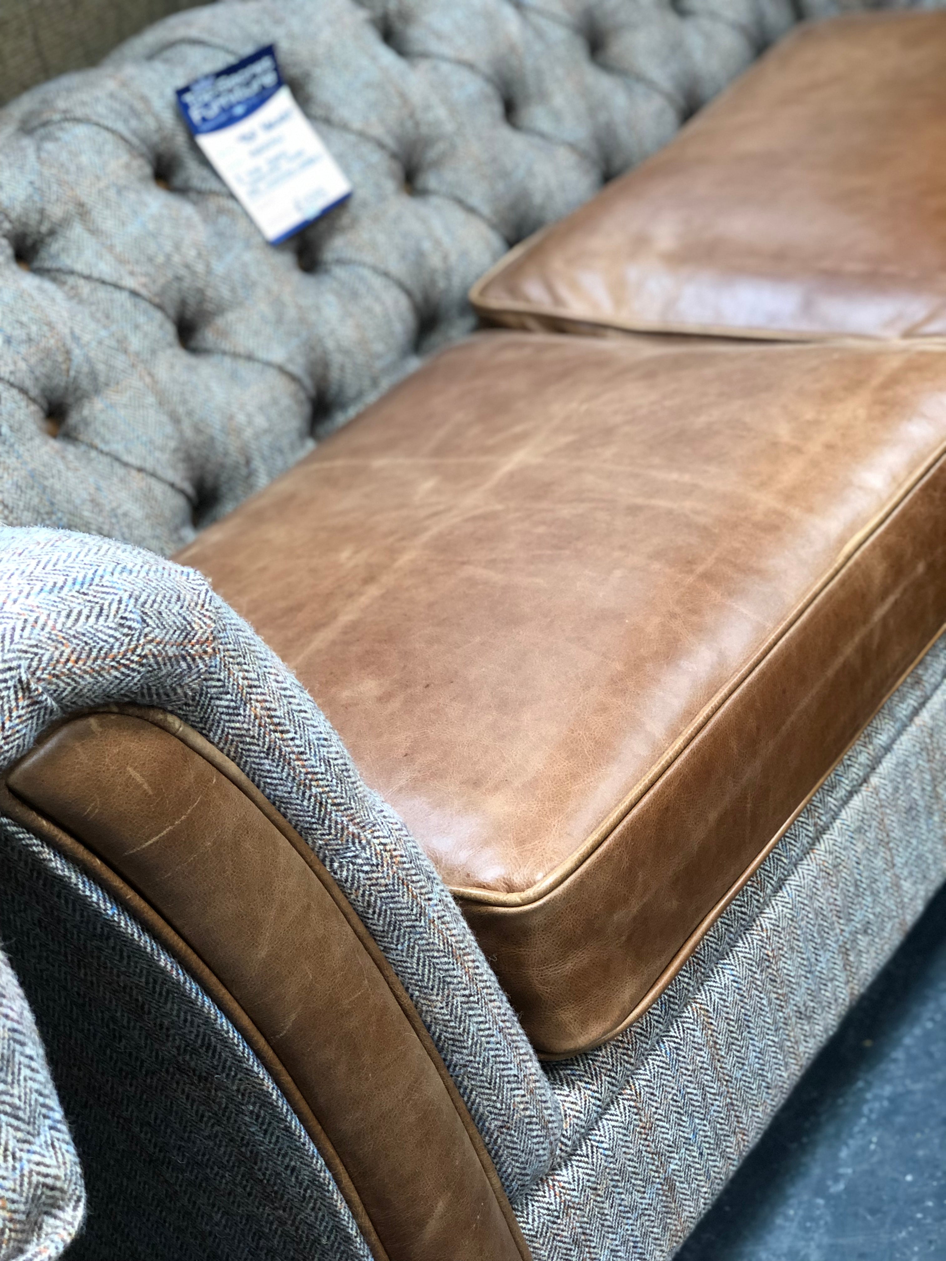 Granby 2 seater leather and harris tweed sofa