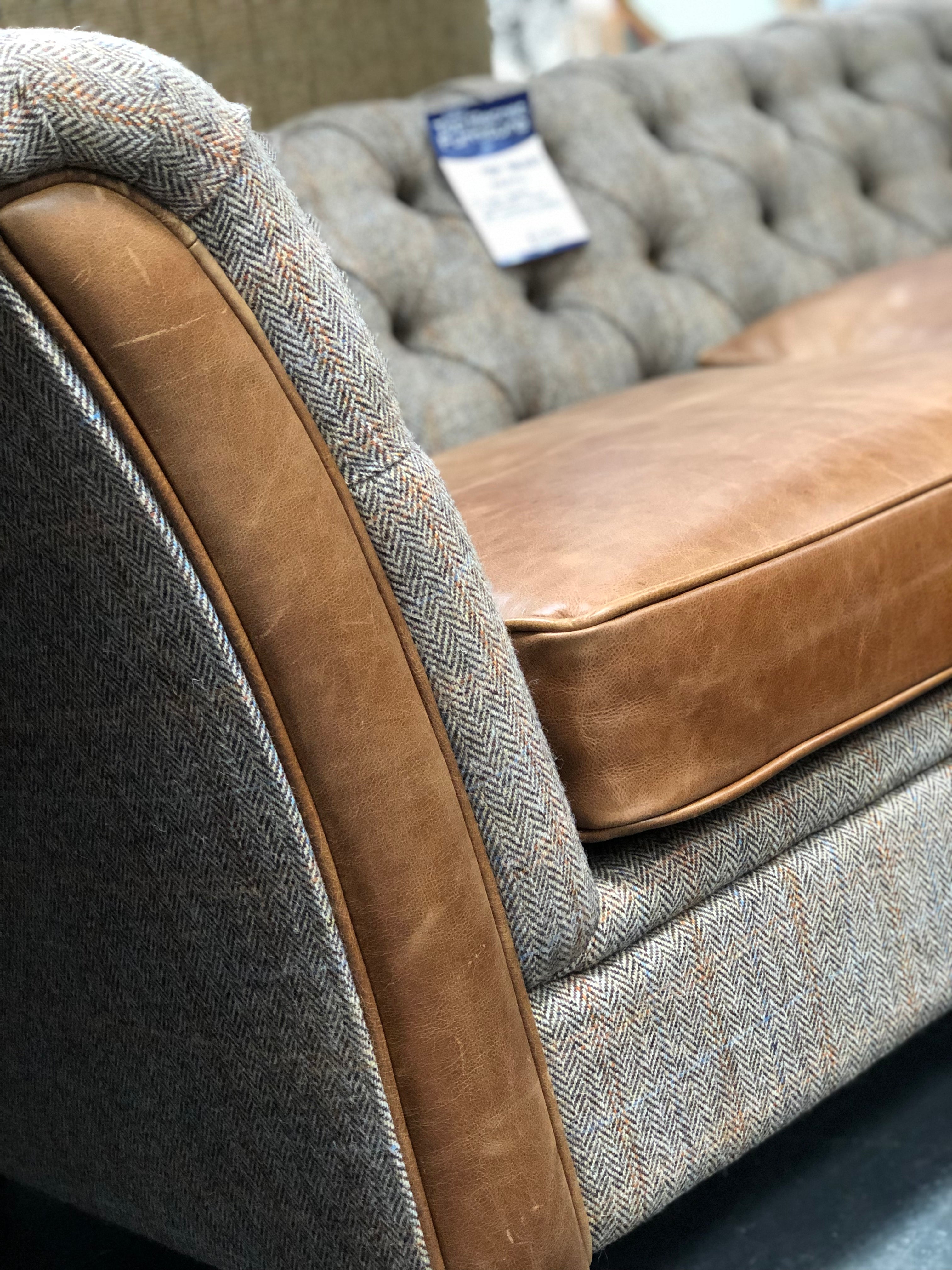 Arron 3 seater leather and harris tweed sofa